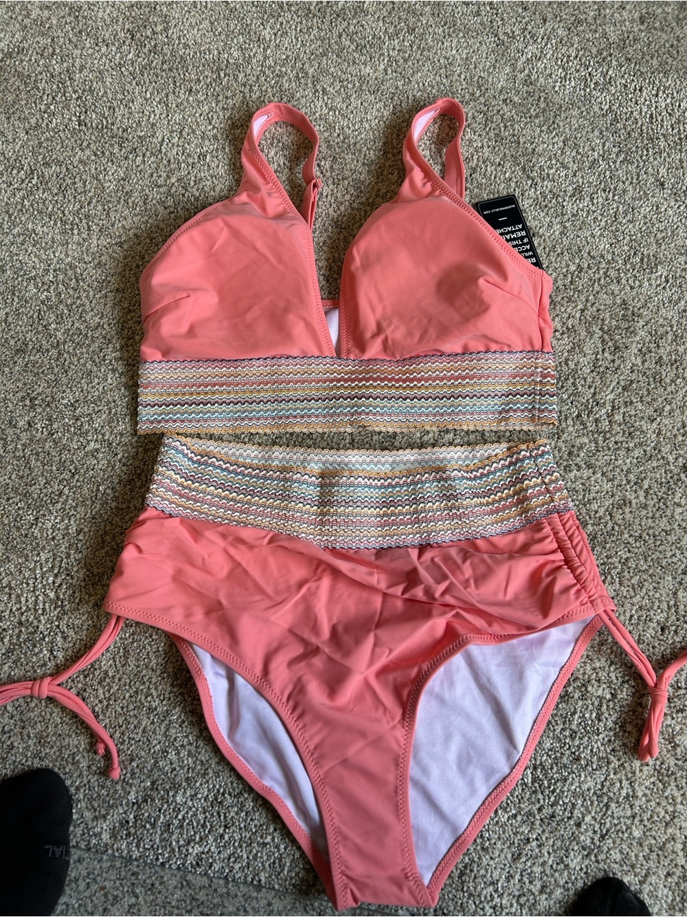 Coral Textured-Waist High-Waist Bikini Set